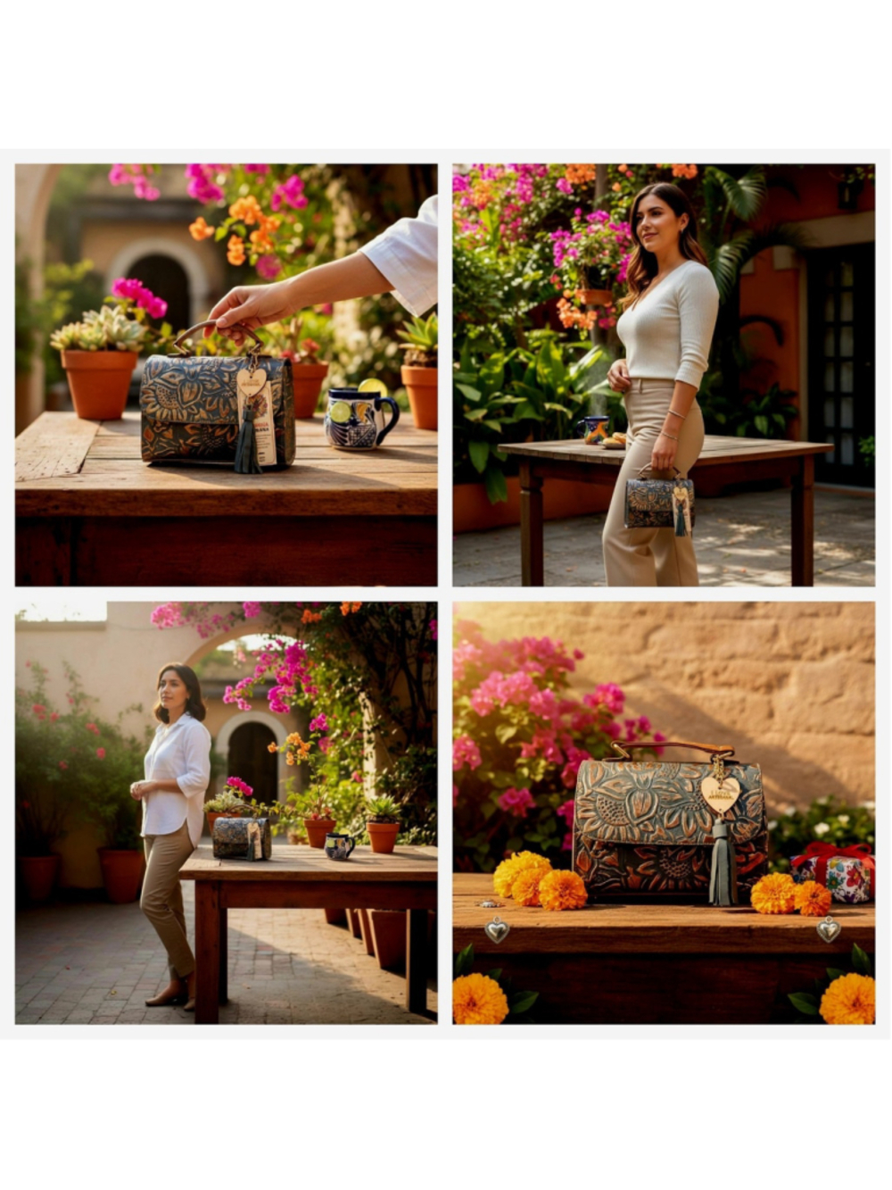 Grayish Navy Blue GOLD Sunflower Embossed Tooled Artisan Leather Crossbody Purse - Picture 4 of 16